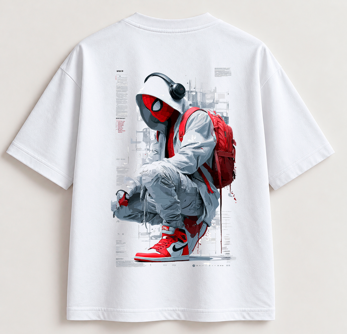 Camiseta Blanca Spider Street – Diseño Superhéroe Urbano | SAMALEY
